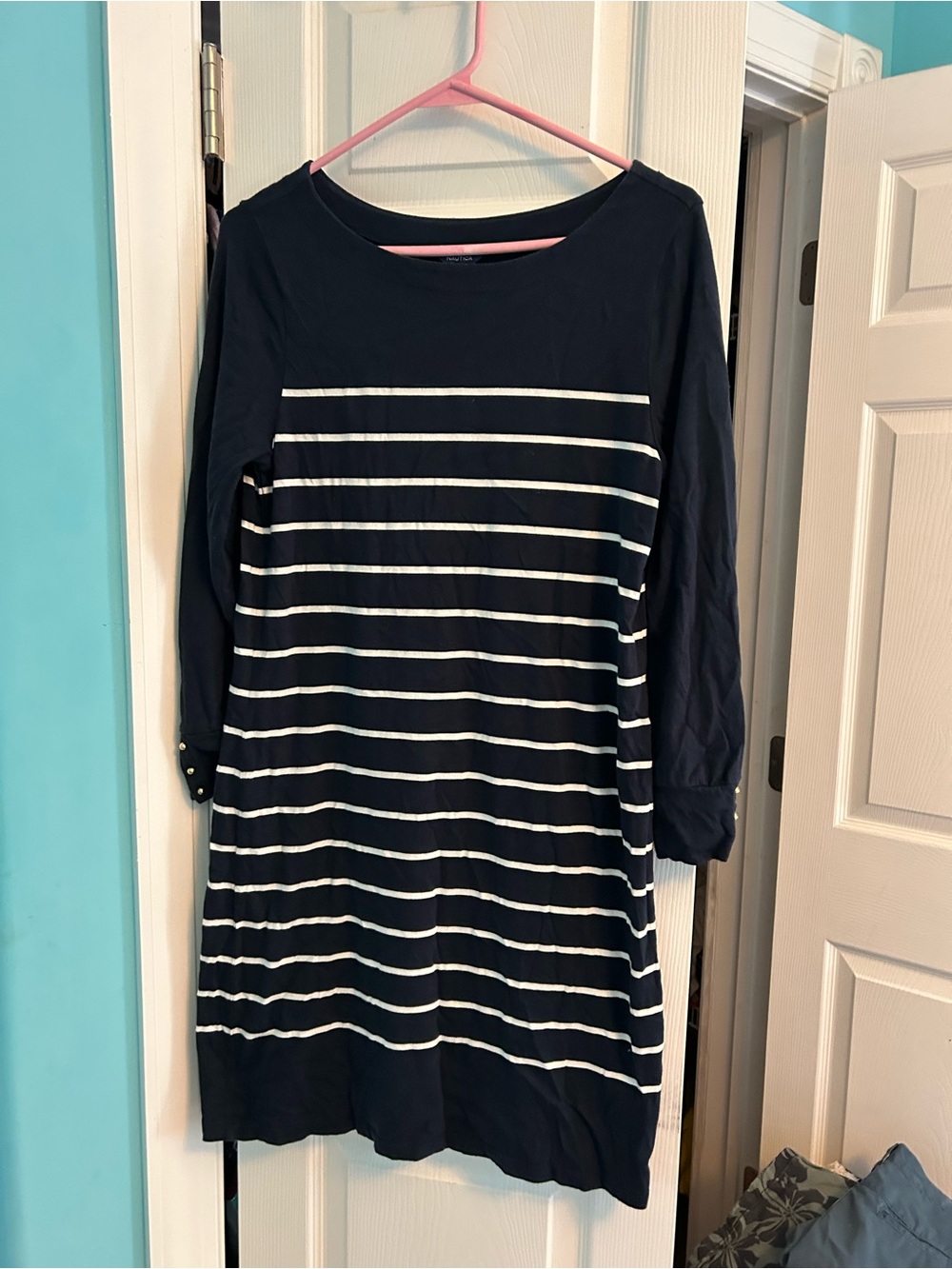 Nautica Navy and White Striped Long Sleeve Scoop Dress